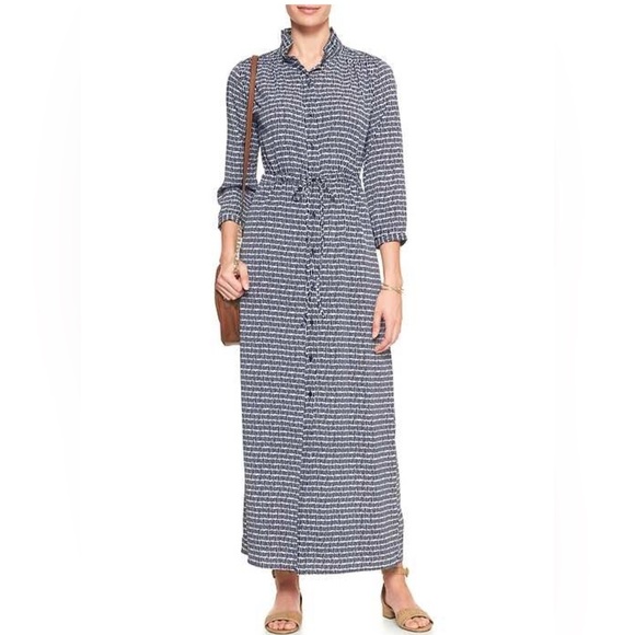 Banana Republic Print 3/4 Sleeve Smocked Maxi Shirt Dress Size 14 - Picture 1 of 6